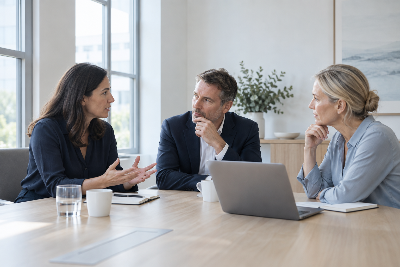 Colleagues sharing a thoughtful conversation in a light-filled meeting room