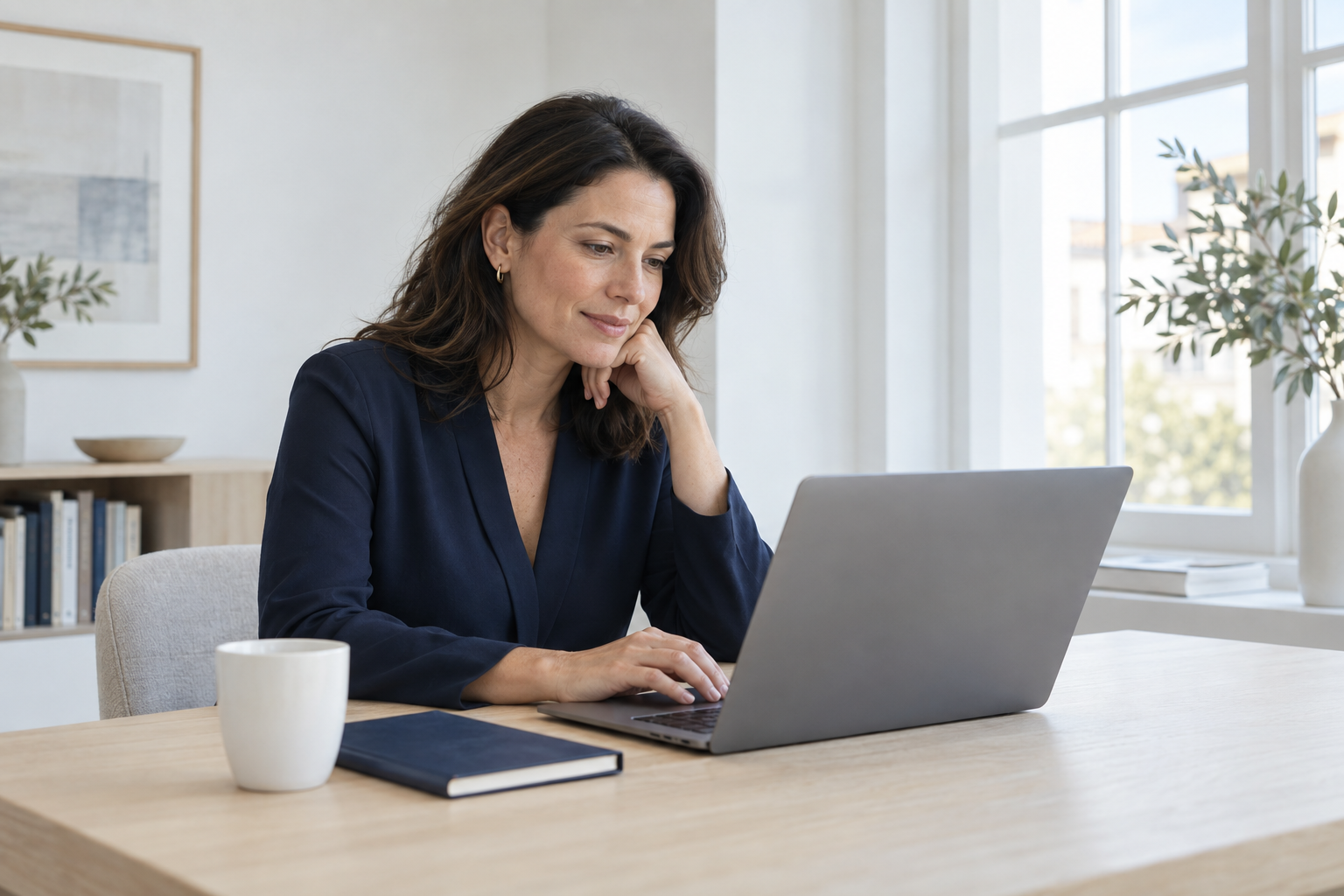 A professional taking part in a private video conversation from a bright, calm workspace